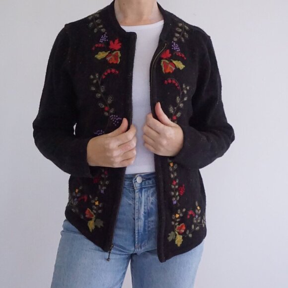 Vintage Craft & Barrel Black Zip-Up Knit Cardigan Embroidered Grapevine Fruit M - Picture 2 of 12